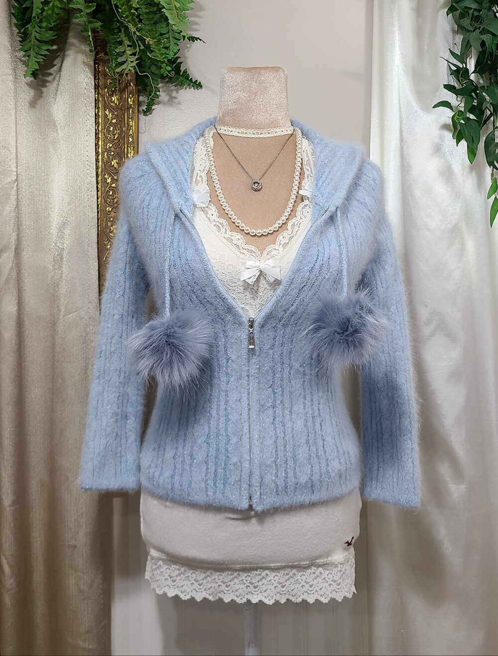 ♡ Y2K ♡ Bebe Angora Baby Blue Hooded Furry Babydoll Zipup Sweater W/ Pom Poms